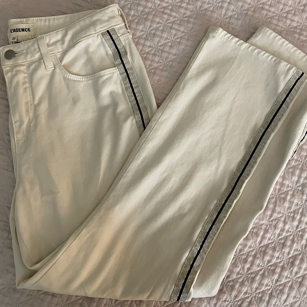 Cream L’agence cropped denim pants. Striped detailing down the side